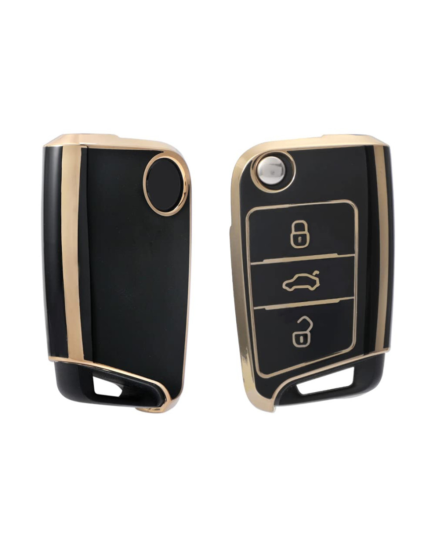 keycare TPU Key Cover For Volkswagen Virtus, Tiguan, T-Roc, Taigun, New Jetta 3 Button Flip Key | TP44 | Gold Black